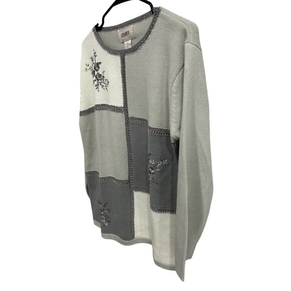Vintage Jenny Patchwork Knit Sweater Floral Embroidery Gray White Size M - Picture 3 of 9